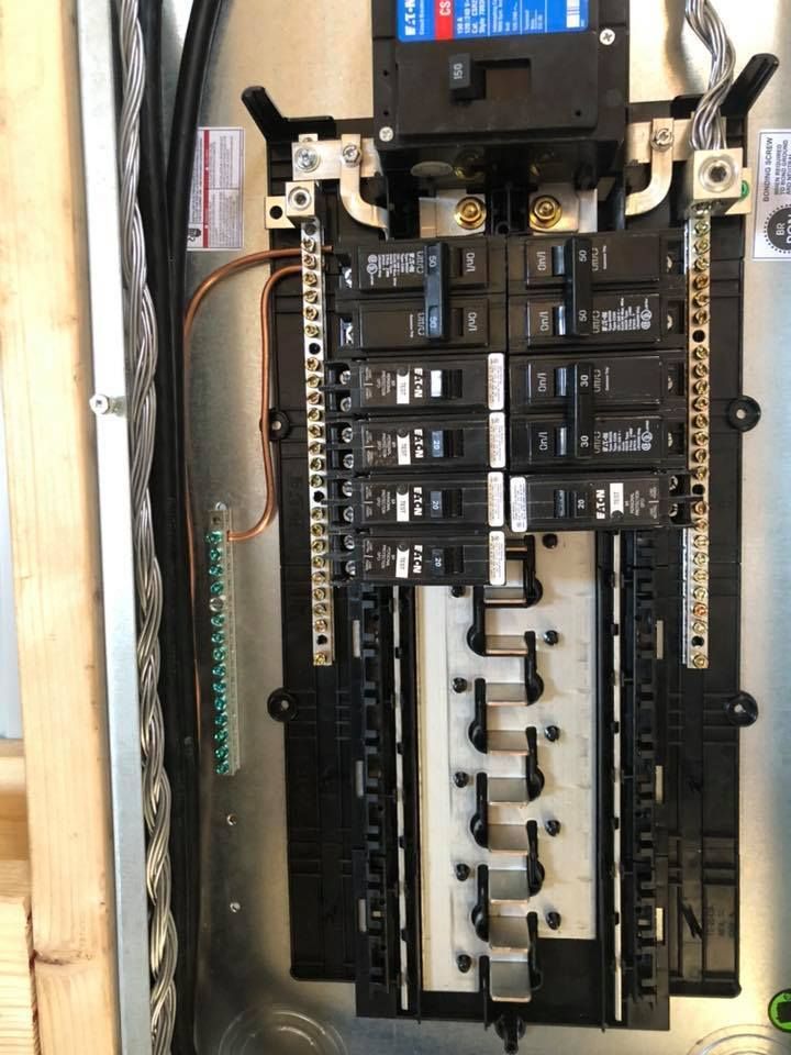 Electrical panel with various breakers and wires installed on a wall.