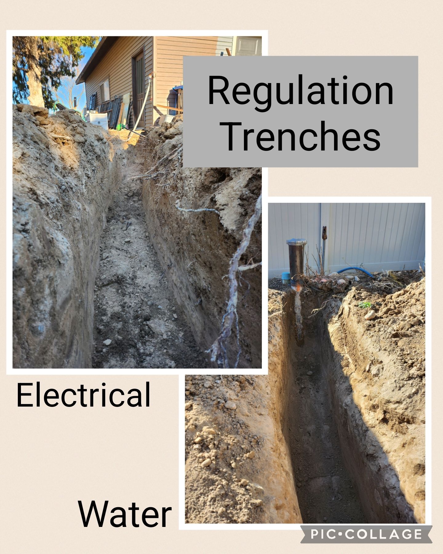 Collage of trench excavation labeled electrical, water, and regulation trenches at a construction site