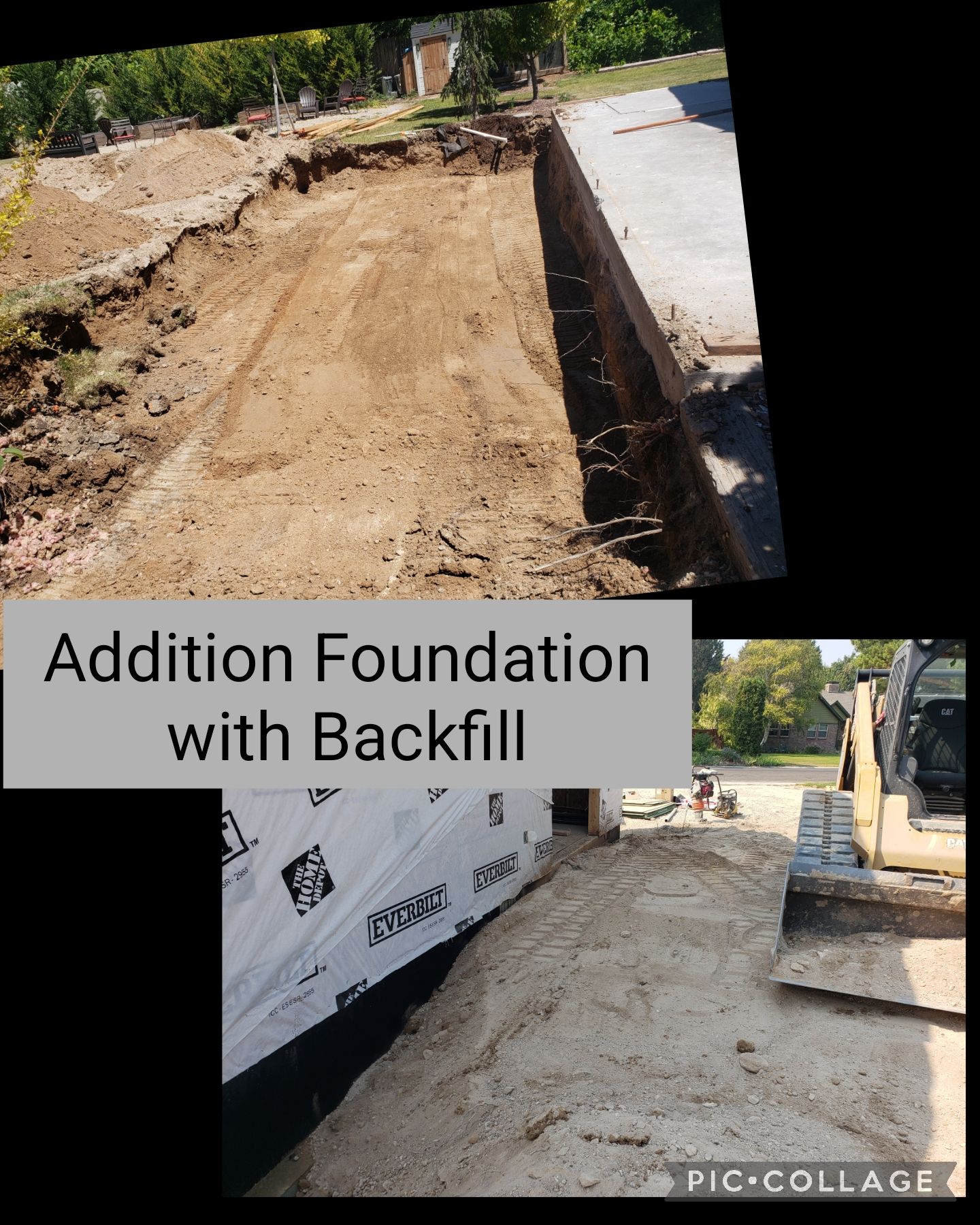Addition foundation with backfill beside a concrete slab and excavated dirt area