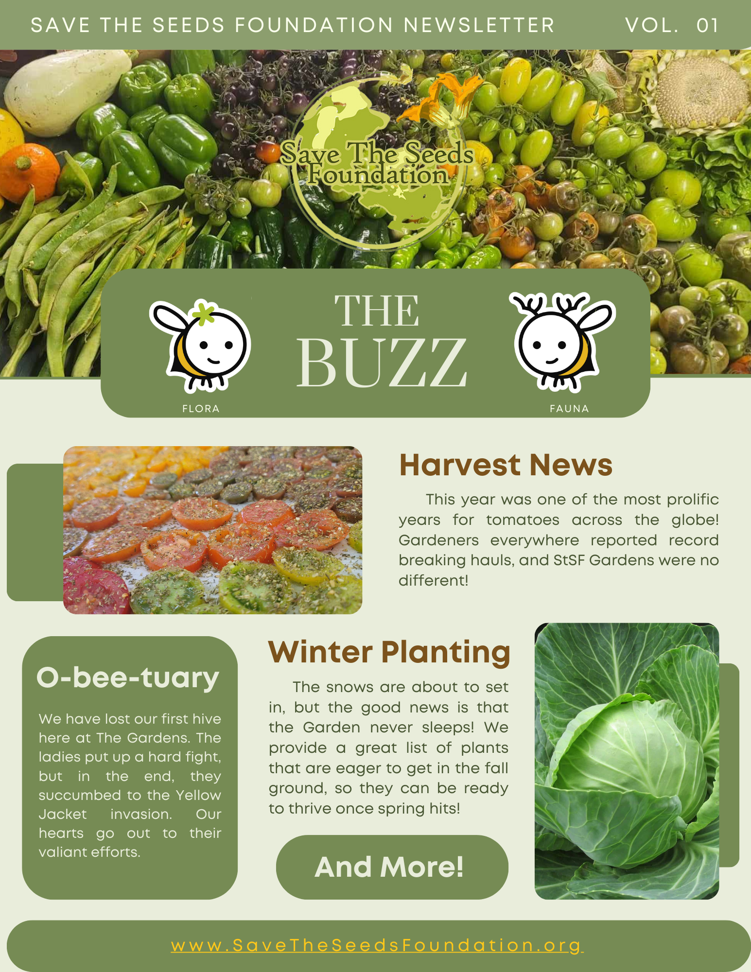 A newsletter for the save the seeds foundation shows a variety of vegetables and fruits.