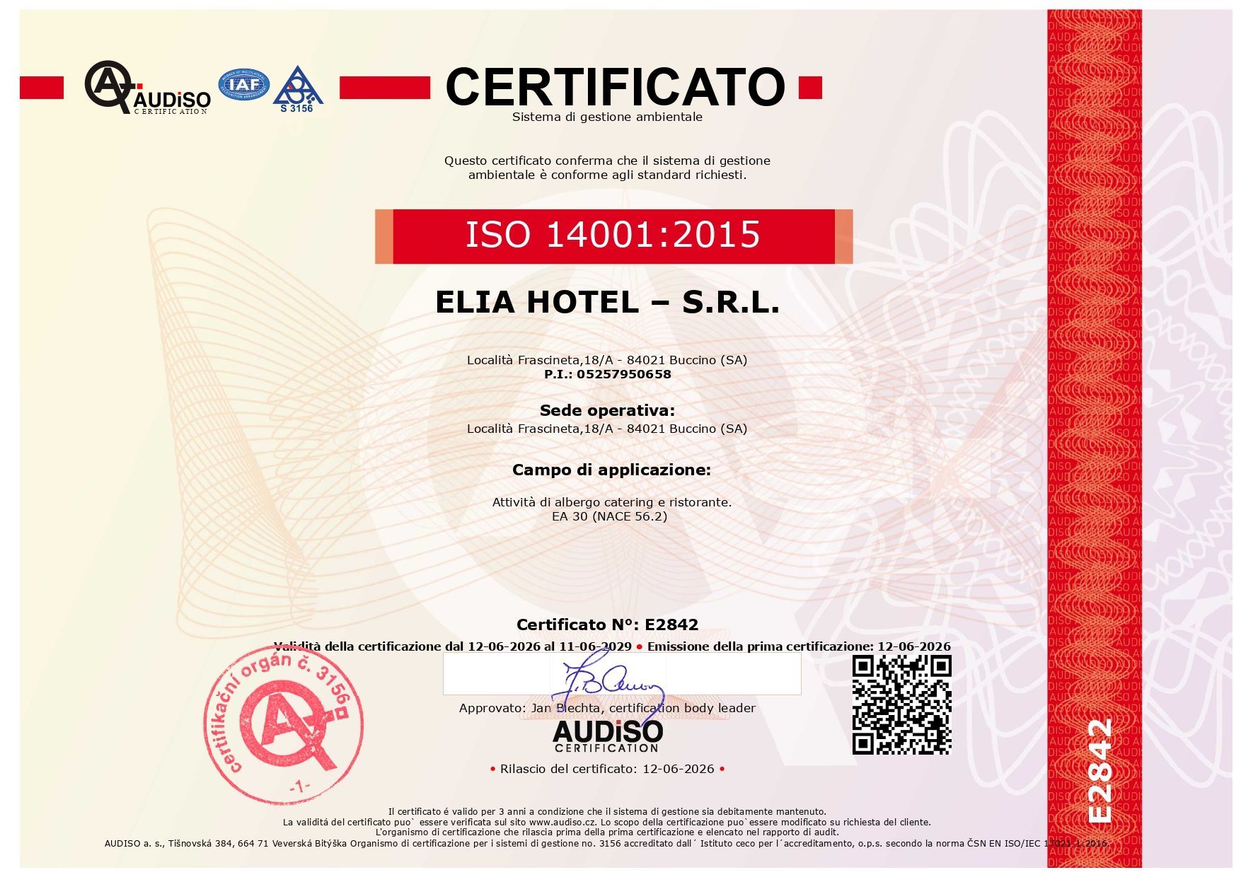 Certificato di gestione della qualità ISO 9001:2015 per Elia Hotel di Elia Domenico, rilasciato da Audiso.