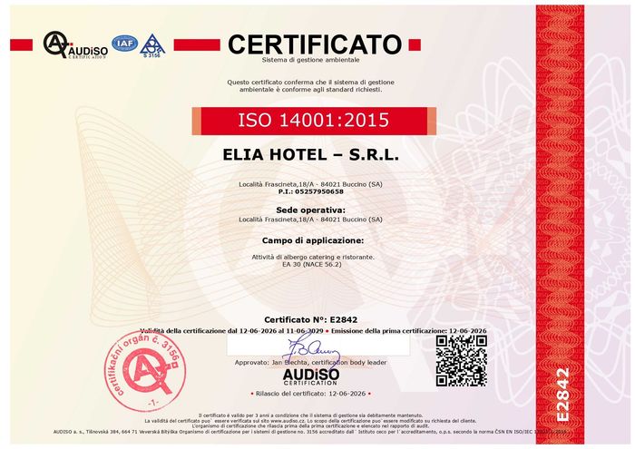 Certificato di gestione della qualità ISO 9001:2015 per Elia Hotel di Elia Domenico, rilasciato da Audiso.