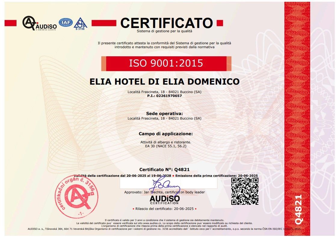 Certificato di gestione della qualità ISO 9001:2015 per Elia Hotel di Elia Domenico, rilasciato da Audiso.