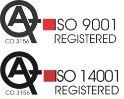 Logo di certificazione registrato ISO 9001 con emblema AQ stilizzato e codice CO 3156 in nero su sfondo bianco.