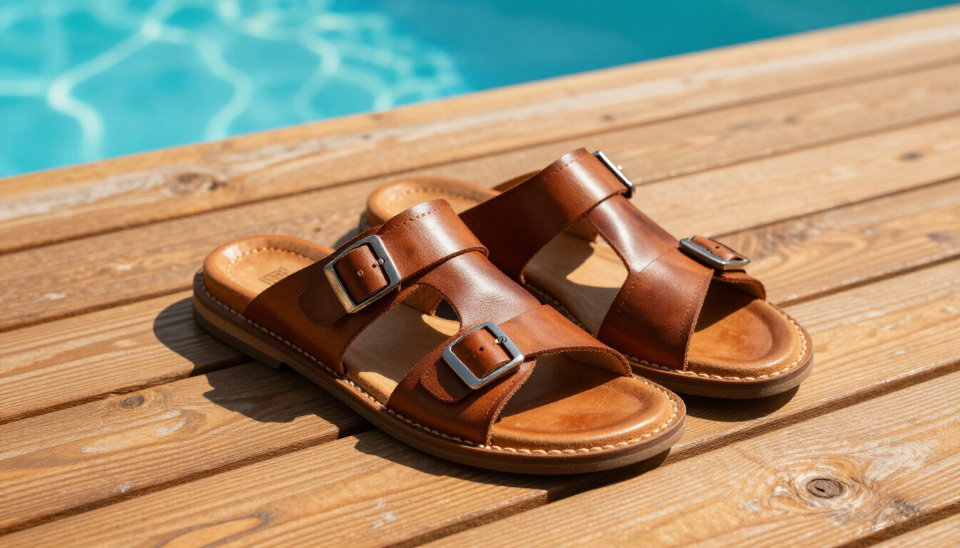Stylish leather sandals with arch support on a summer deck.