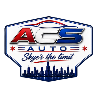 ACS Auto logo with red, silver, and blue lettering, skyline silhouette, and “Skye’s the limit” tagline
