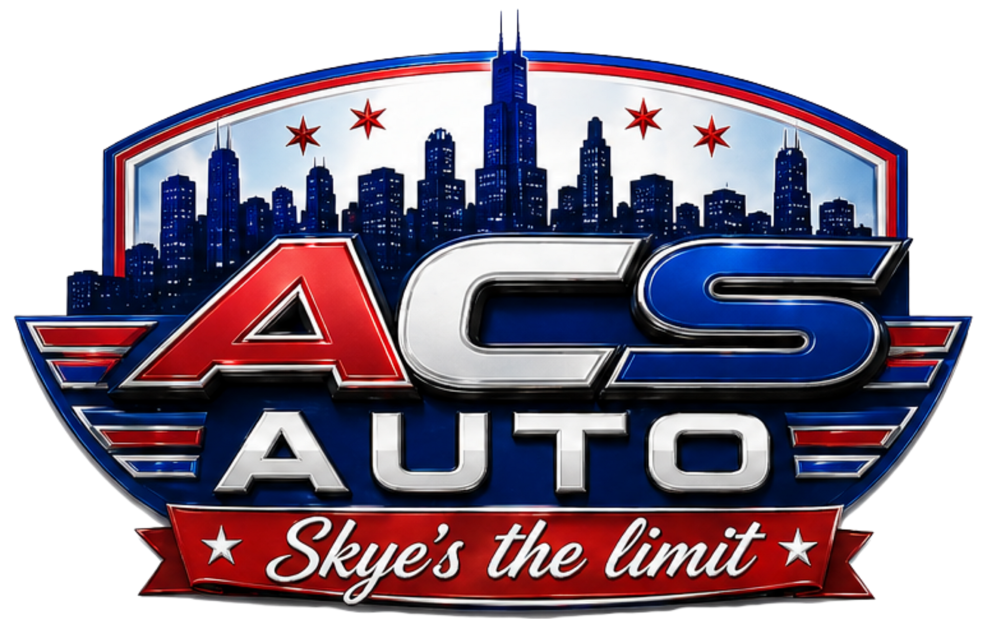 ACS Auto logo with red and blue lettering, skyline, and the slogan &ldquo;Skye&rsquo;s the limit&rdquo;