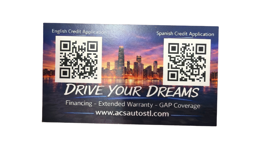 Car dealership ad with two QR codes, sunset skyline, and the slogan “Drive Your Dreams” on a dark background.