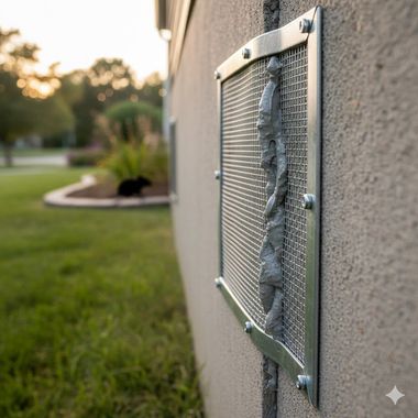 Metal mesh screen over hole in exterior wall, secured with bolts. Gray stucco wall, green grass background.
