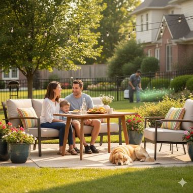 Family sitting at patio table with dog, homeowner fertilizing lawn in the background.