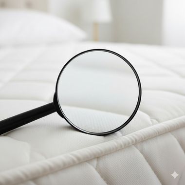 Magnifying glass on a white mattress, checking its surface.