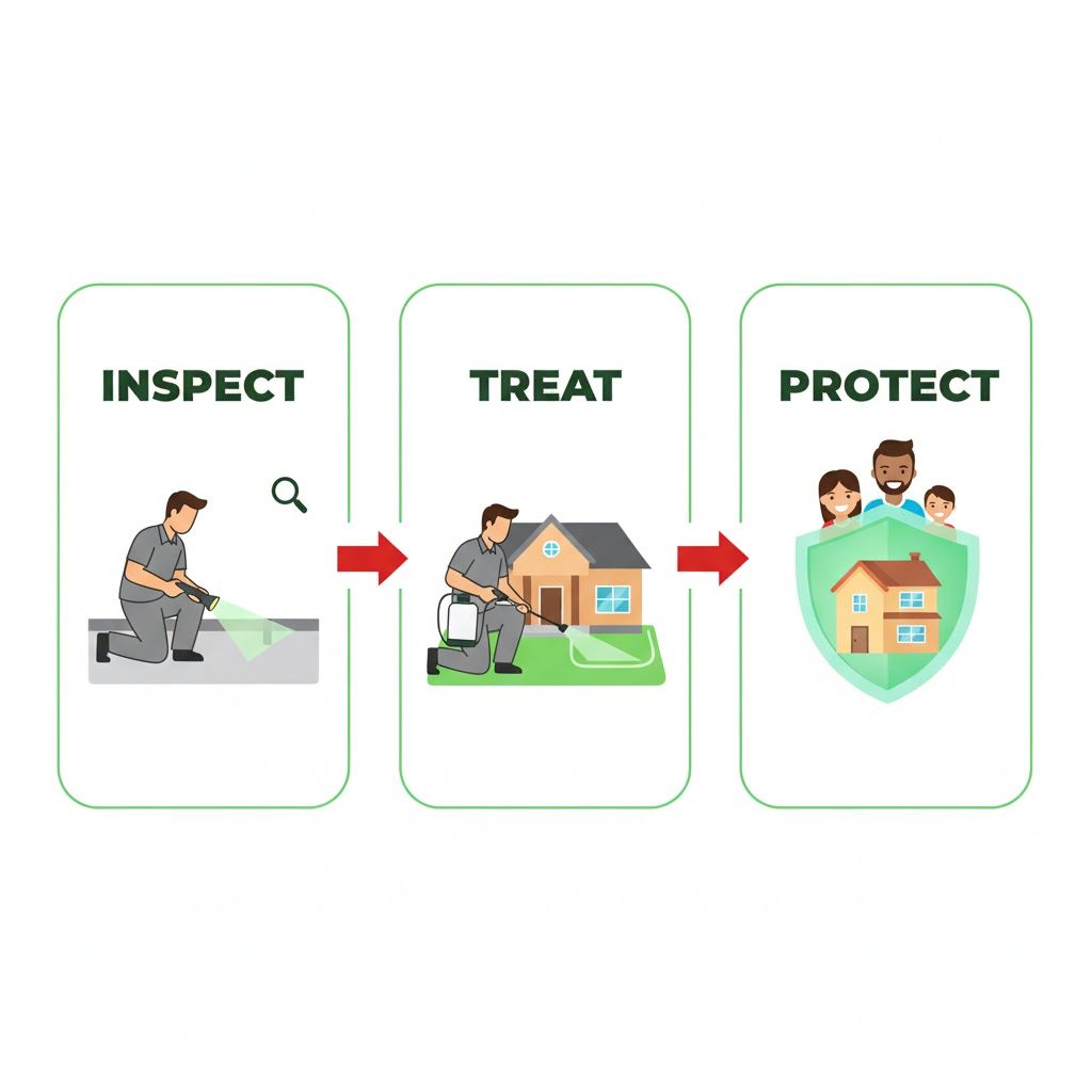 Pest control process: Inspect, Treat, Protect. Each step shows a worker, the house and a family protected.