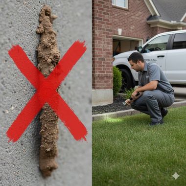 Termite tube marked with an X; a pest control technician examines a yard near a house.