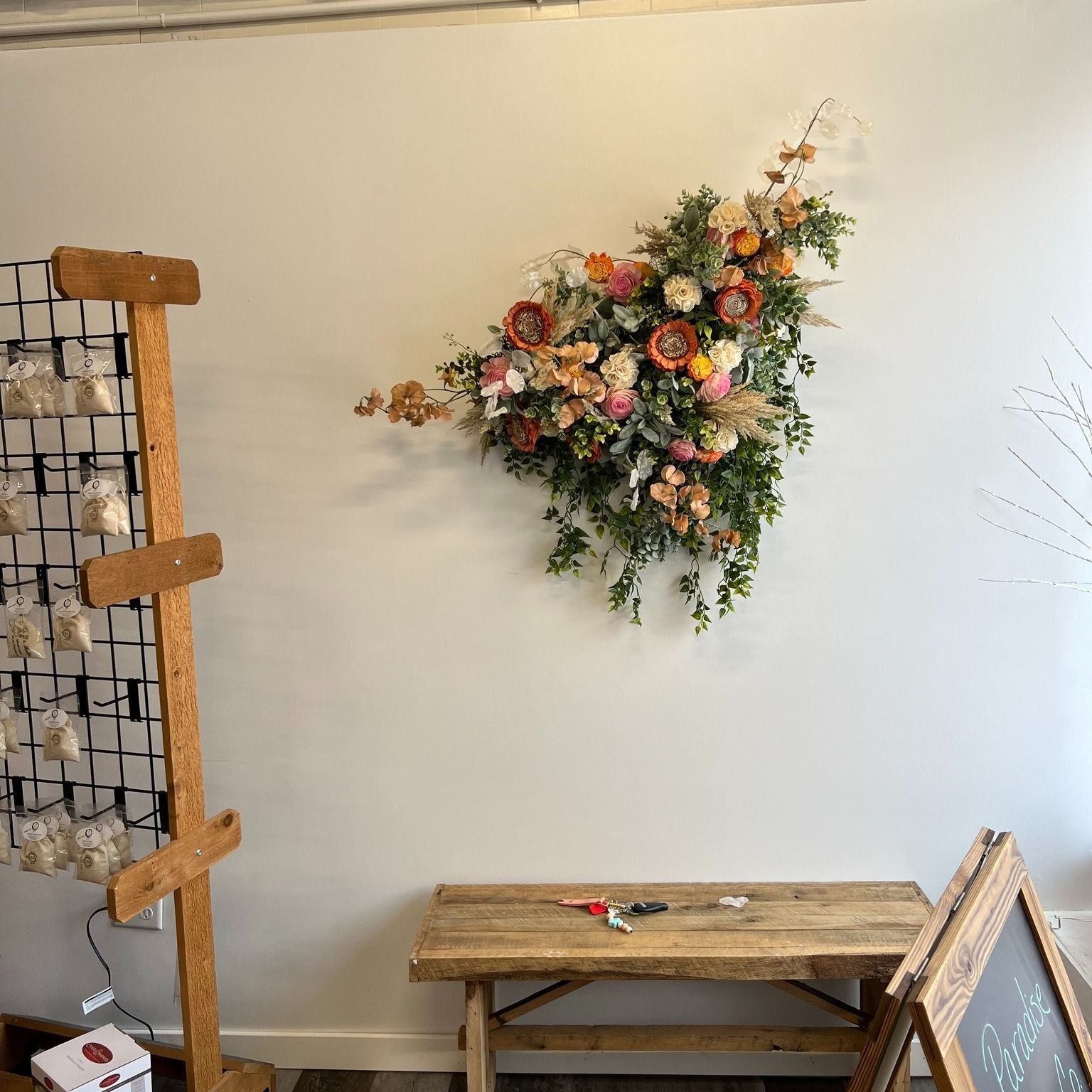 large wooden floral arrangement