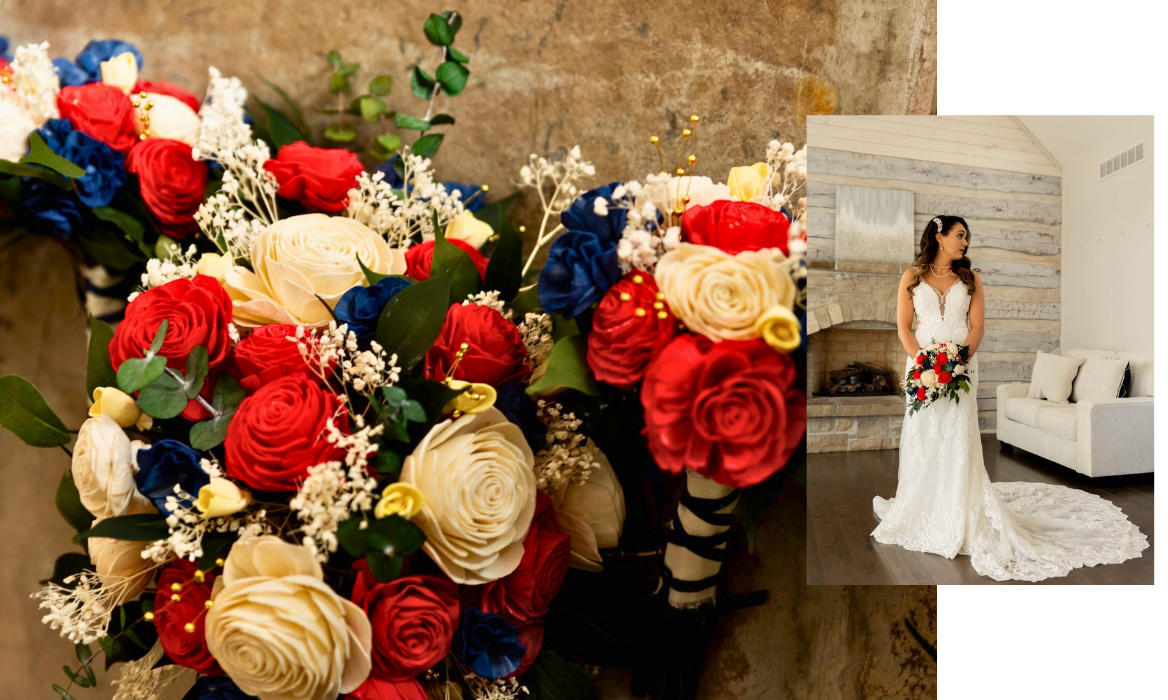 red, white, and blue wooden wedding flowers