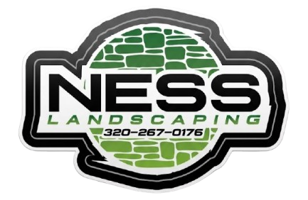 Logo for Ness Landscaping LLC featuring a dark green stylized mountain, a pine tree, and a light green leaf graphic.