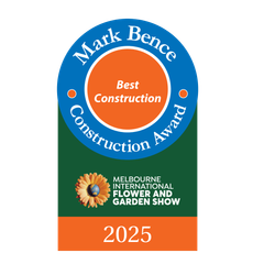 Mark Bence Best Construction Award logo, blue, orange, and green. Melbourne International Flower and Garden Show 2025.