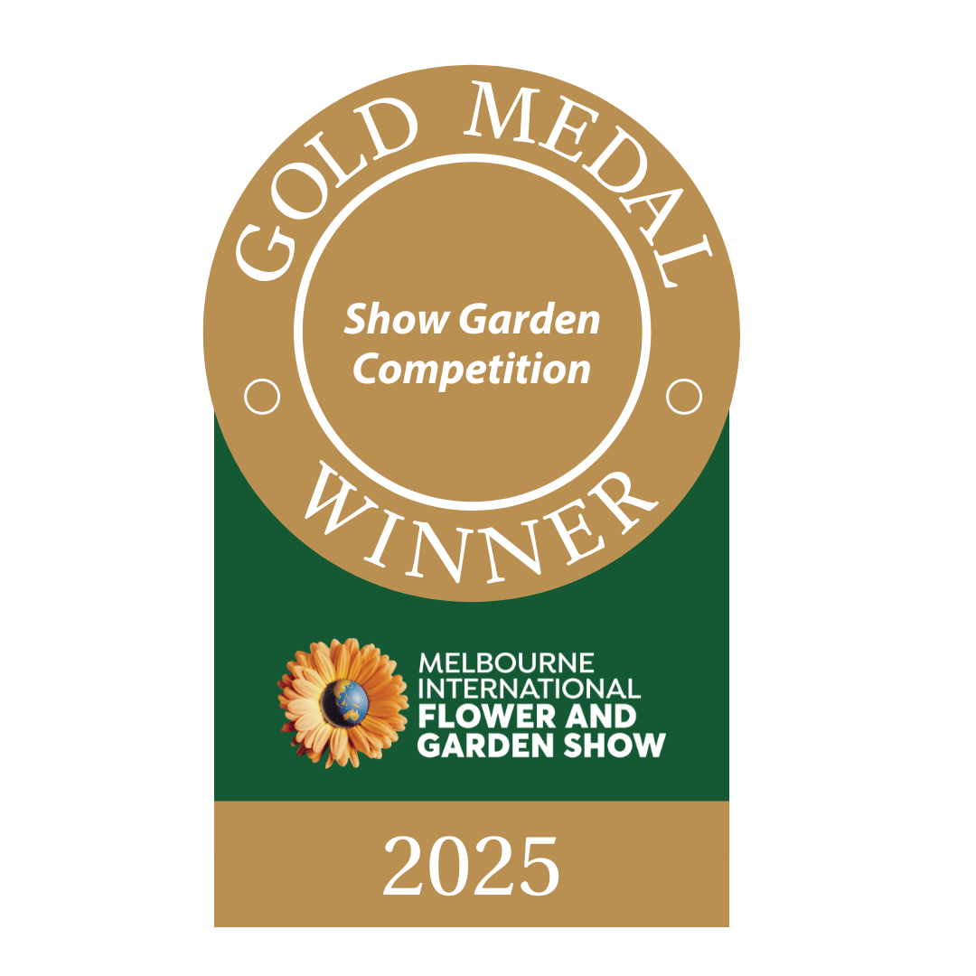 Gold Medal Winner badge, Melbourne International Flower and Garden Show, 2025. Gold and green with flower icon.