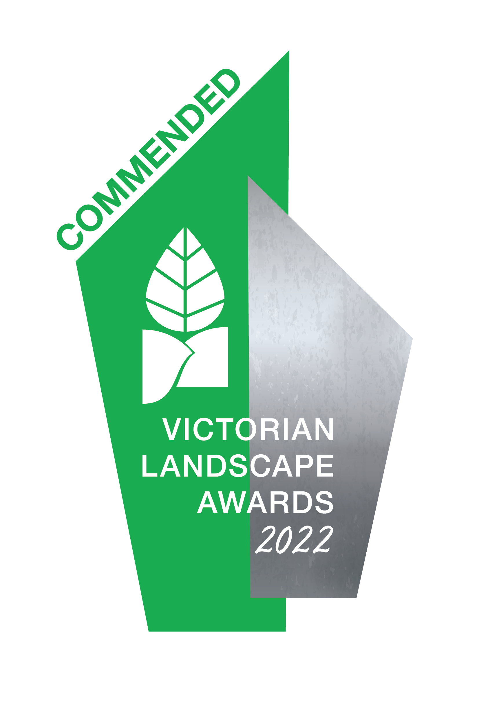 Victorian Landscape Awards 2022 Commended award logo with green and silver shapes and a leaf.