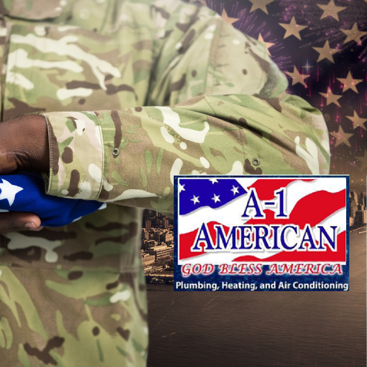 Military camouflage beside an A-1 American plumbing, heating, and air conditioning logo