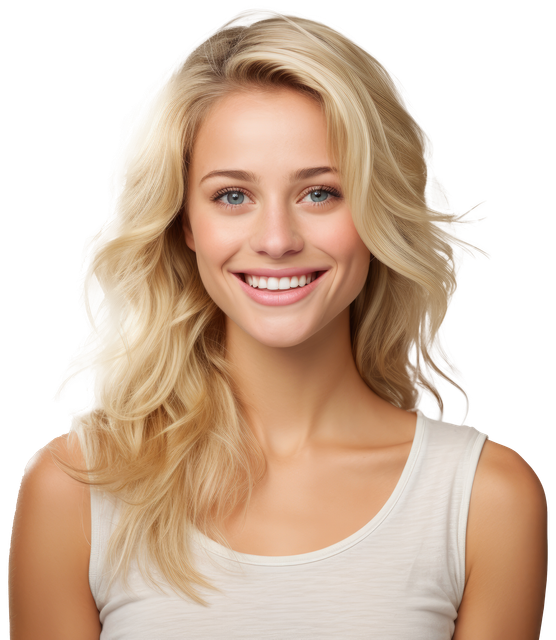 A smiling blonde woman wearing a white tank top