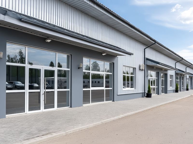 Modern gray storefronts with large glass doors and windows along a paved walkway