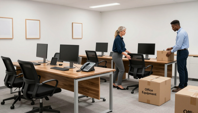 Two people unpacking office equipment in a bright, mostly empty office with desks, monitors, and boxes.