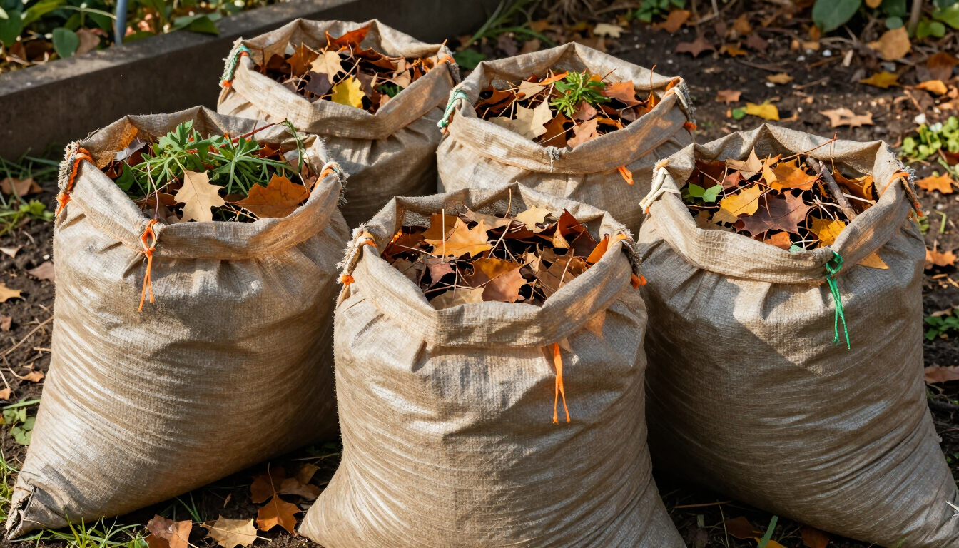Three burlap bags filled with fallen leaves in a garden on the ground