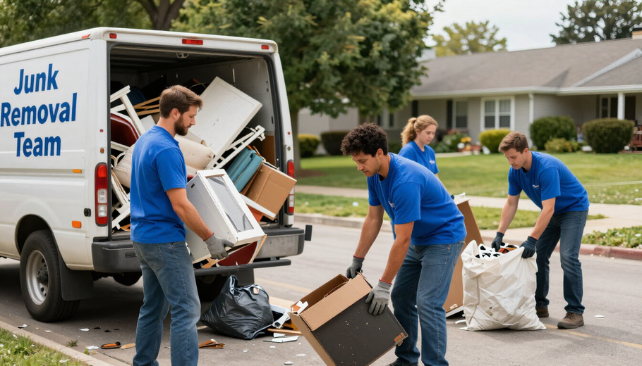 Junk removal crew loading furniture and debris into a white truck on a suburban street