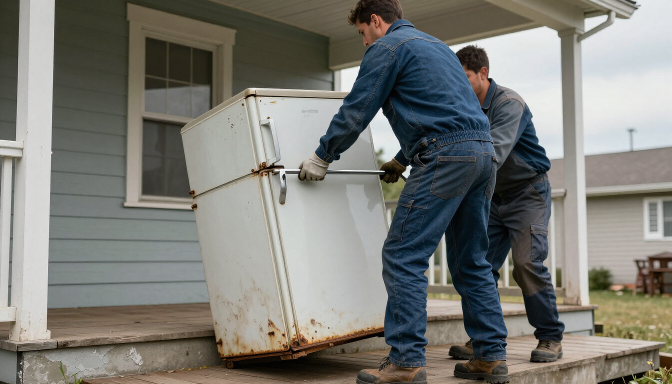 Two workers unloading a white refrigerator from a house porch