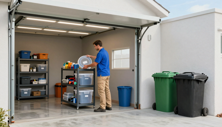 Person organizing storage shelves in an open garage next to trash bins and a blue bucket