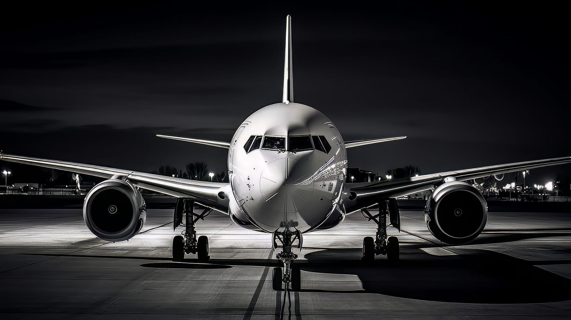 Airplane at night on the tarmac. Bright headlights, black and white tones.
