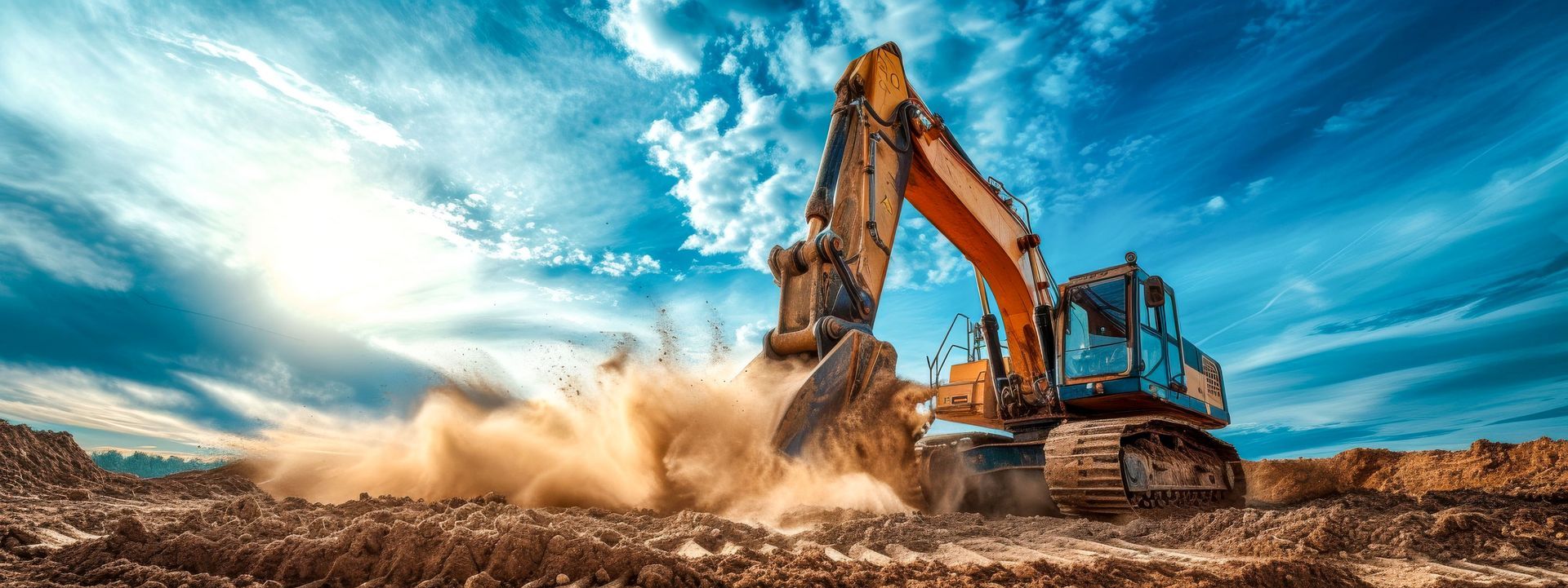 An excavator digging dirt under a bright blue sky with clouds.