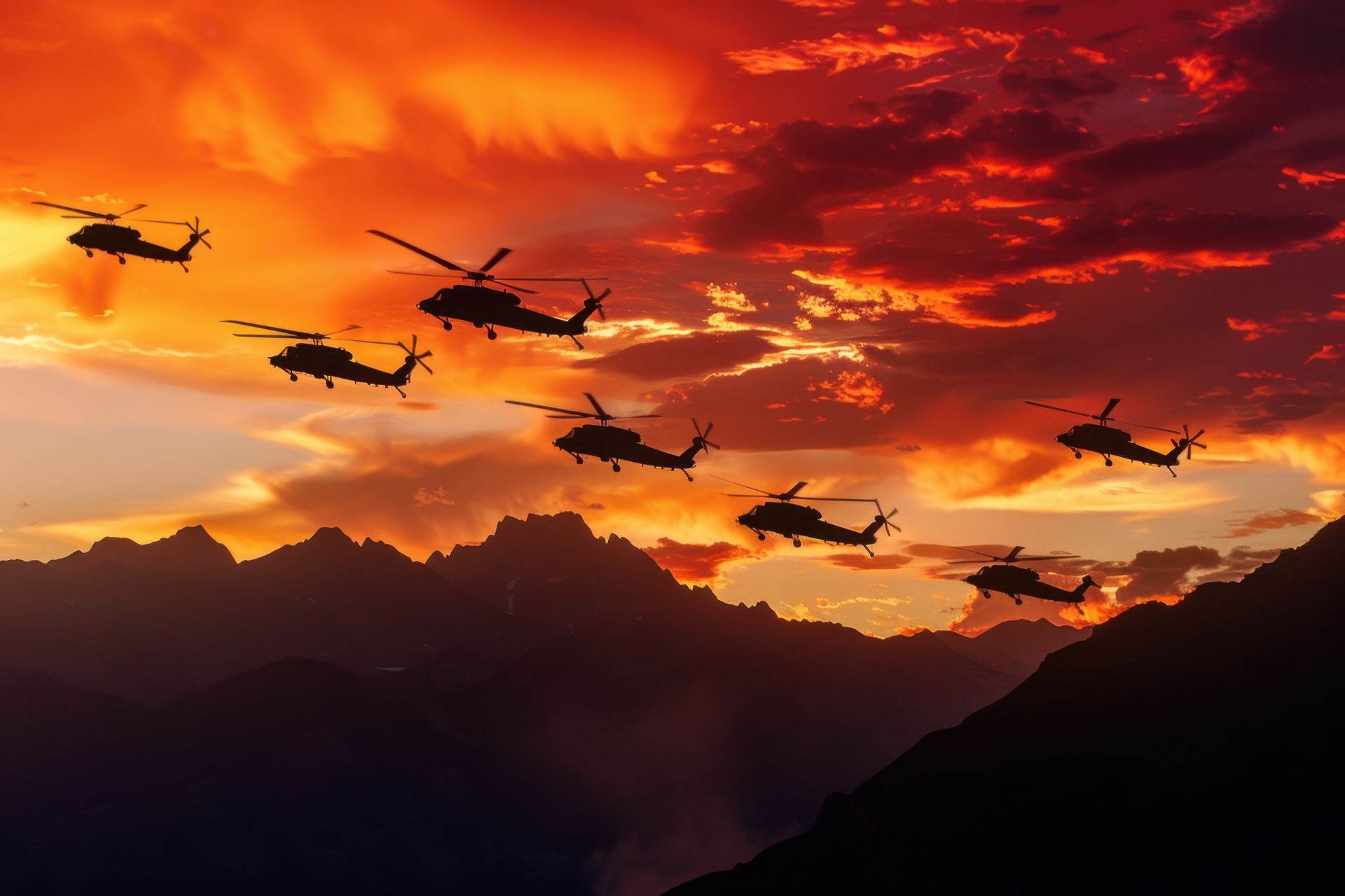 Helicopters fly in formation against a fiery sunset over silhouetted mountains.