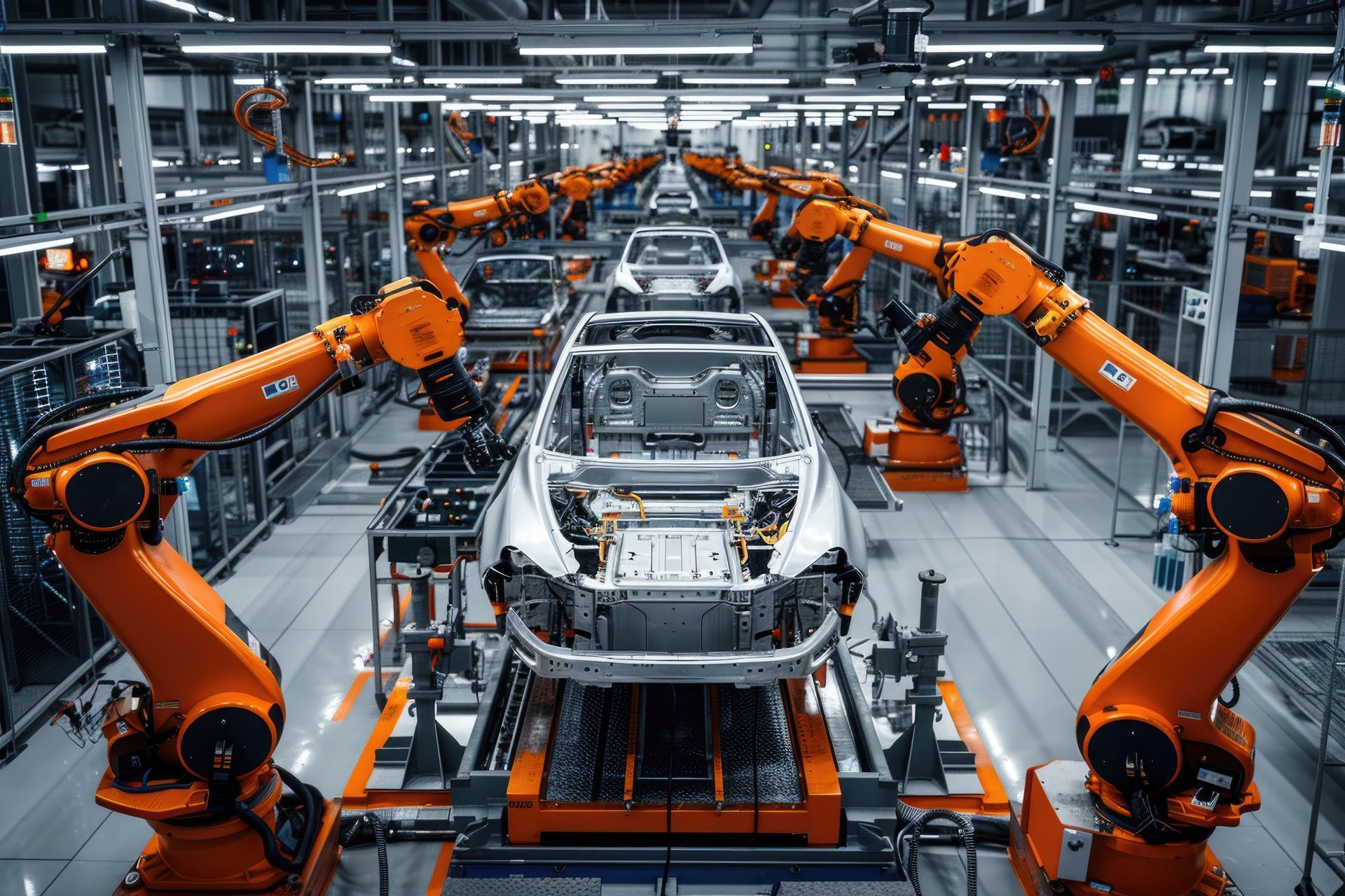 Robotic arms welding car frames on an automotive assembly line.