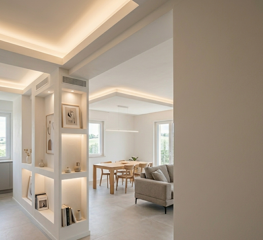 Luminoso soggiorno-sala da pranzo in stile minimalista con pareti bianche, illuminazione a incasso e mobili in legno chiaro.