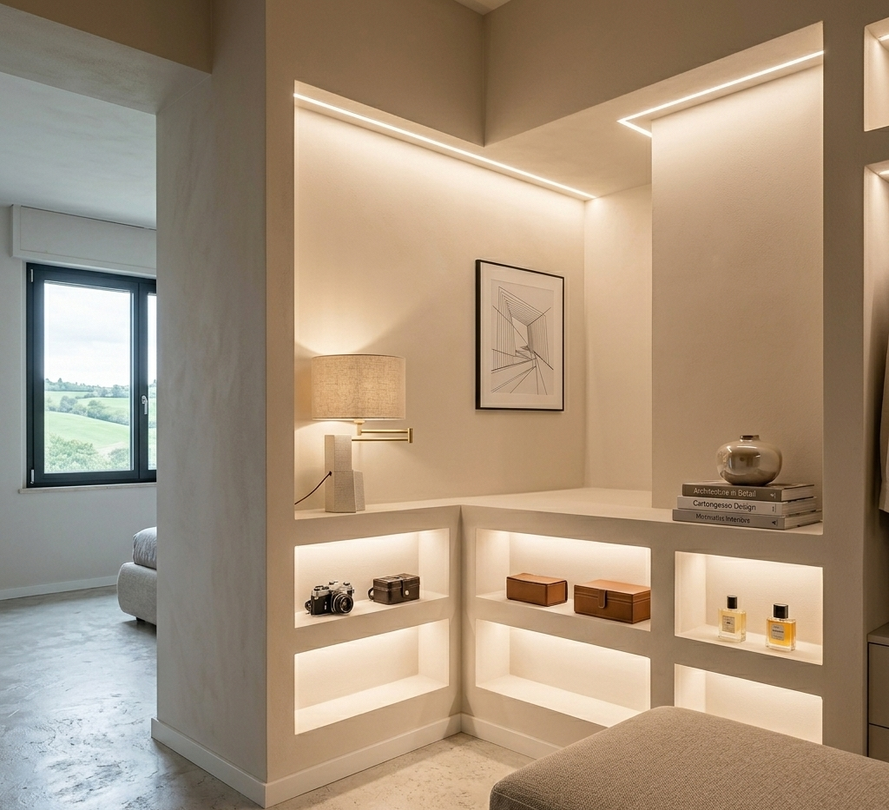 In una stanza beige, vicino a un corridoio, sono presenti mensole illuminate a incasso che espongono oggetti decorativi e bottiglie.