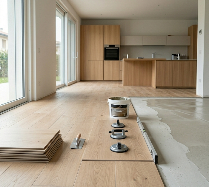 Interno vuoto di un appartamento moderno con pavimento in legno chiaro, isola cucina e attrezzi per la pavimentazione in primo piano.