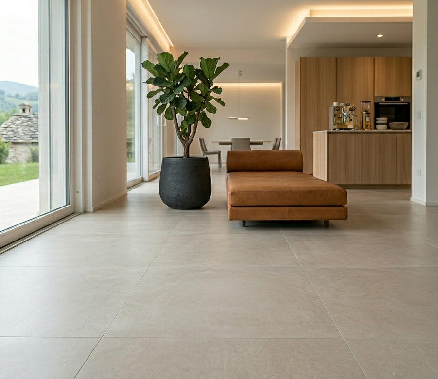 Soggiorno moderno e minimalista con chaise longue in pelle, pianta in vaso e zona cucina con pannelli in legno.