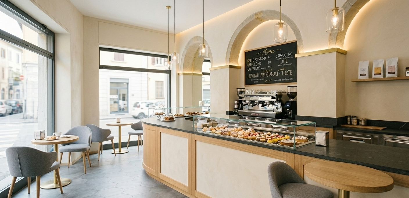 Luminoso interno di caffetteria in stile moderno con bancone ad arco, lampade a sospensione e posti a sedere accanto a grandi finestre.
