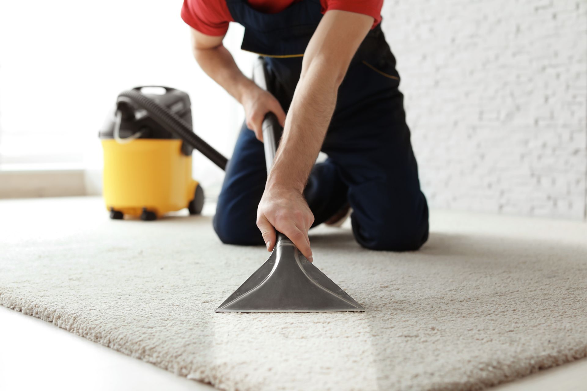 Person cleaning a light carpet with a carpet cleaner nozzle, vacuum in background