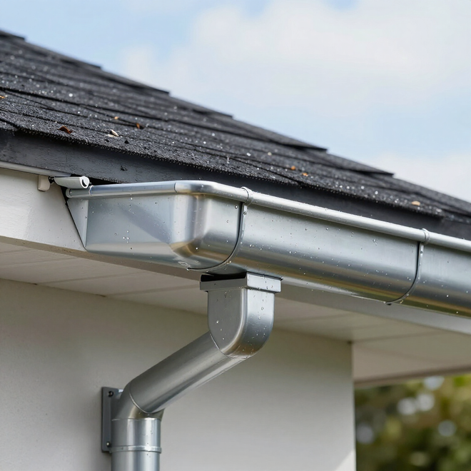 Close-up of a gray metal rain gutter and downspout on a house roofline