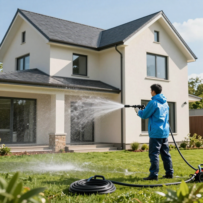 Worker pressure-washing a two-story house and lawn beside a coiled hose on a sunny day
