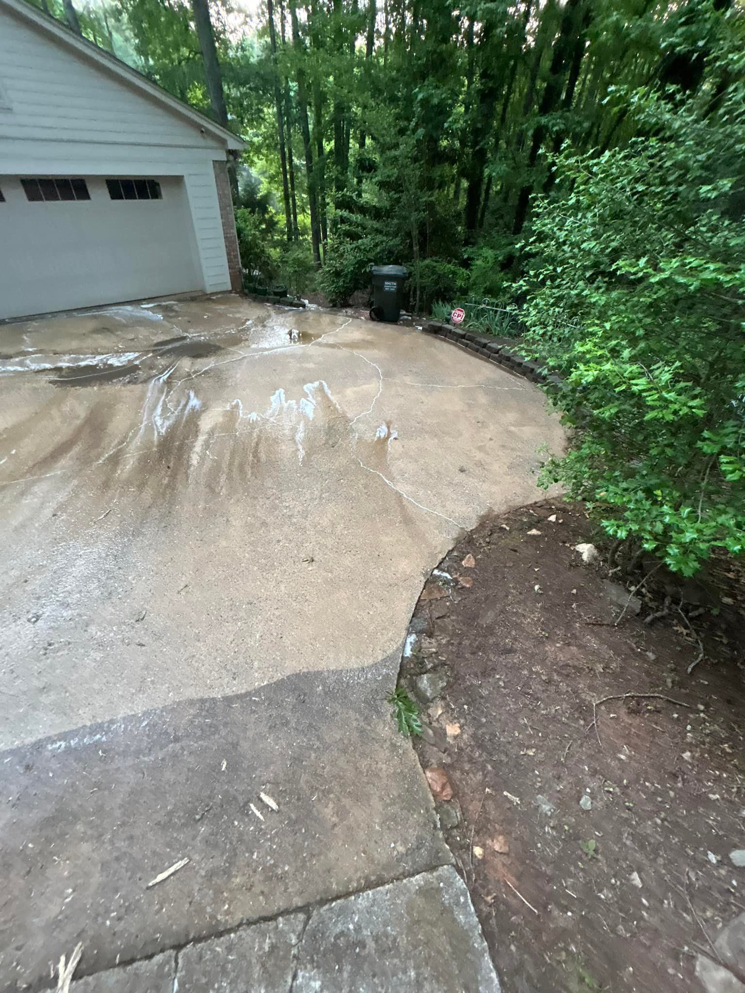 Wet concrete driveway beside a garage, bordered by trees and a mulch bed.