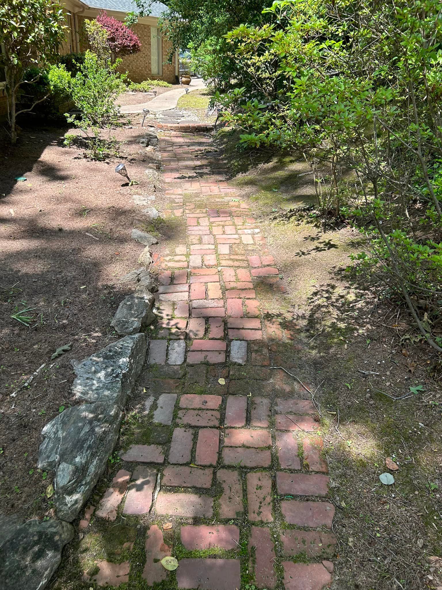 Narrow brick path through a leafy garden, bordered by gravel and bushes, leading to a house.