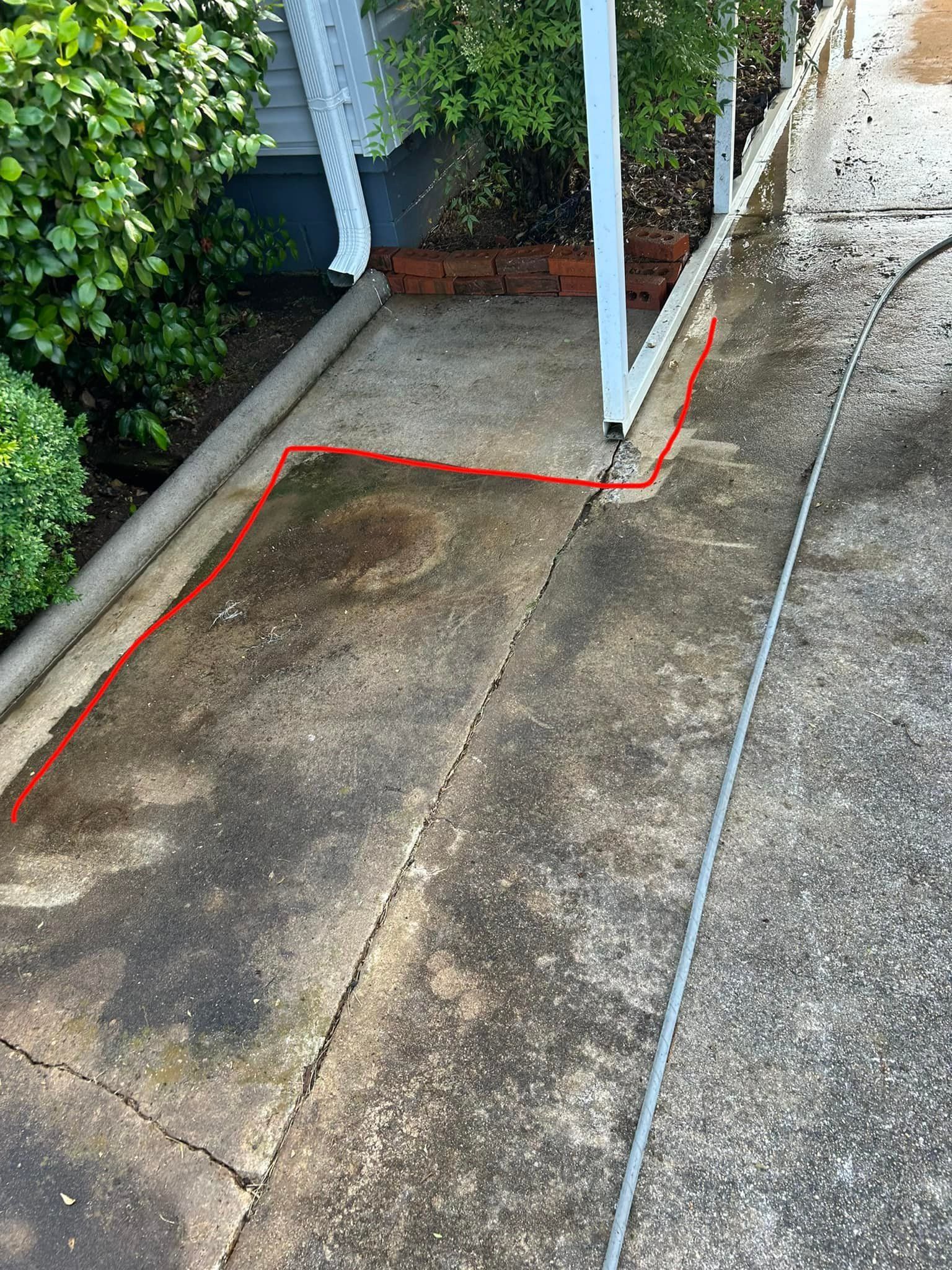 Concrete walkway and patio corner beside greenery, with a red outline marking the edge of a stained section.