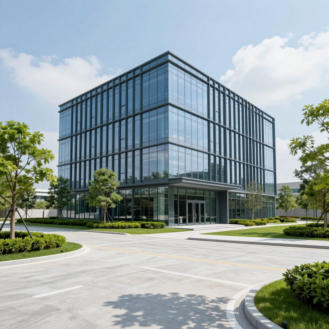Modern glass office building with landscaped grounds and a curved driveway under a bright sky