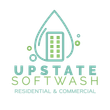 Logo for Upstate Softwash featuring a building inside a teal water droplet with teal and green text.
