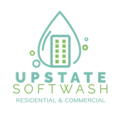 Logo for Upstate Softwash featuring a building inside a teal water droplet with teal and green text.