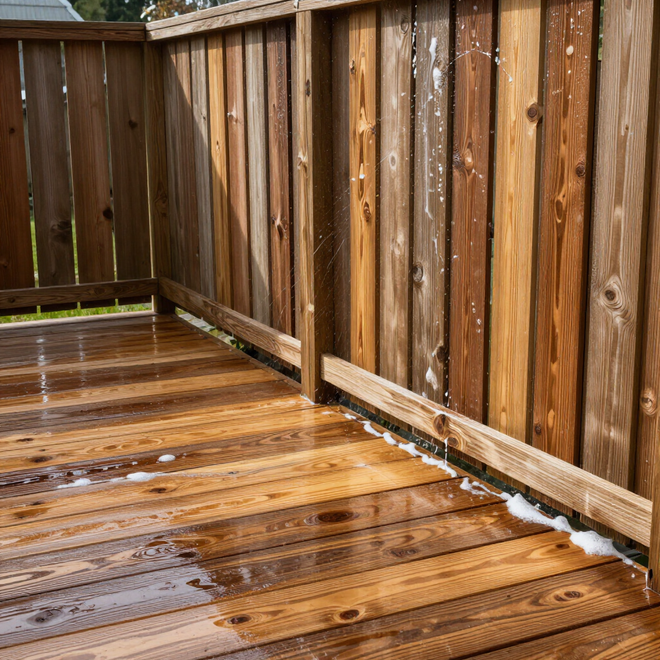 Wet wooden deck and fence with patches of melting snow in a backyard.